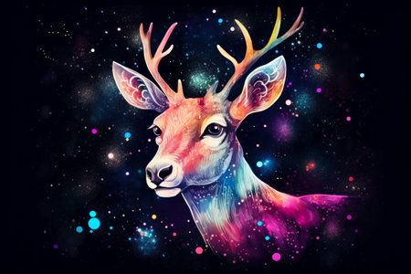 Image of deer's head with colorful stars in the background. Generative AI.の素材