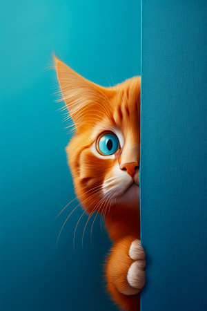 Close up of cat peeking out of wall with blue background. Generative AI.の素材