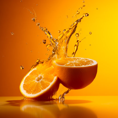 Orange is splashing into the water on yellow background with splash of water on it. Generative AI.の素材