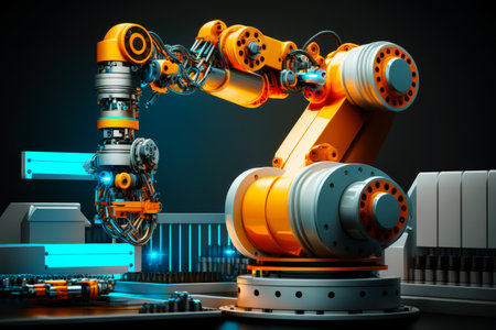 Robot that is sitting on top of a piece of machinery in front of building. Generative AI.の素材