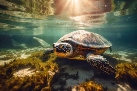 Turtle swimming in the ocean with sunlight shining on it's back. Generative AI.の素材