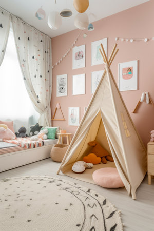 Child's bedroom with teepee tent in the corner of the room. Generative AI.の素材