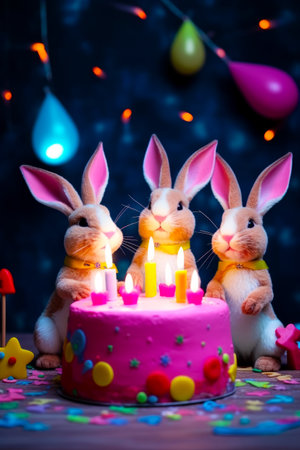 Couple of rabbits sitting next to pink cake with candles on it. Generative AI.の素材