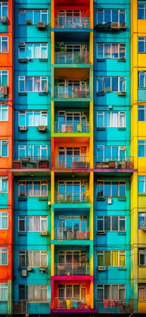 Multicolored apartment building with balconies and balconies. Generative AI.の素材