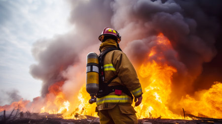 Firefighter standing in front of fire with hose in his hand. Generative AI.の素材