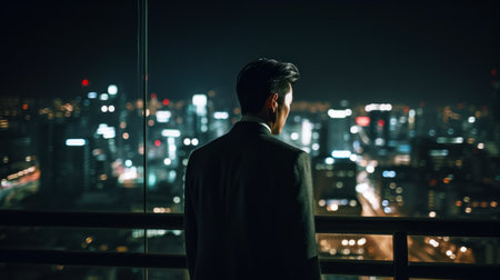 Man standing in front of window looking at city at night. Generative AI.の素材