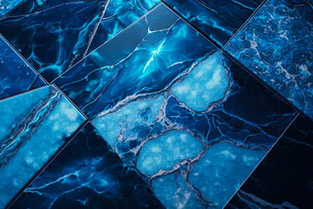 Close up of tile wall with blue and black designs on it. Generative AI.の素材