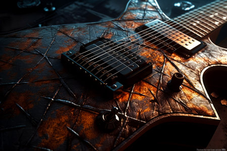 Close up of electric guitar on leafy surface with strings and knobs. Generative AI.の素材