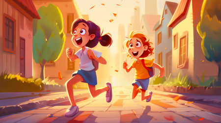 Couple of kids running down street next to street sign with building in the background. Generative AI.の素材