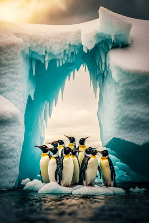 Group of penguins standing in front of ice cave with iceberg in the background. Generative AI.の素材