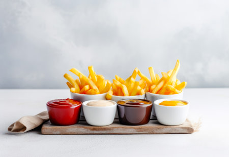 French fries with ketchup, mustard and ketchup on tray. Generative AI.の素材