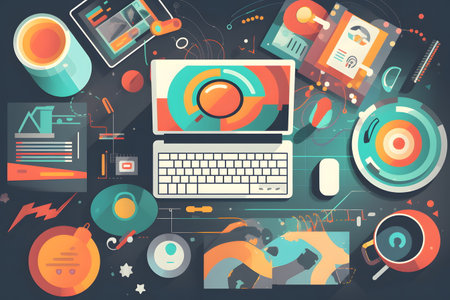 Laptop computer sitting on top of desk next to magnifying glass. Generative AI.の素材