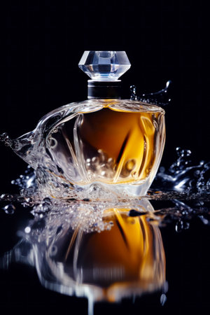 Bottle of perfume with water splashing around it on black background. Generative AI.の素材