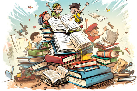 Pile of books with children sitting on top of them and flying kites above them. Generative AI.の素材