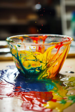 Colorful glass bowl sitting on top of table covered in water and paint. Generative AI.の素材