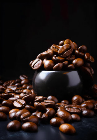 Pot full of coffee beans sitting on top of a pile of coffee beans. Generative AI.の素材