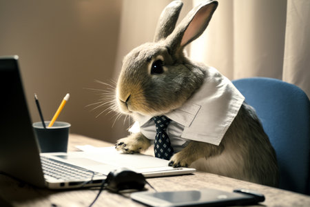 Rabbit wearing shirt and tie sitting in front of laptop computer. Generative AI.の素材