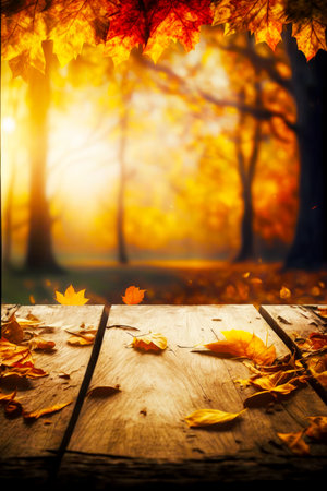 Wooden table topped with leaves in front of forest filled with trees. Generative AI.の素材