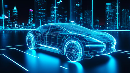 Futuristic car is shown in front of cityscape at night. Generative AI.の素材