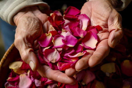 Person holding out their hands with petals in their hands and pile of petals in their hands. Generative AI.の素材