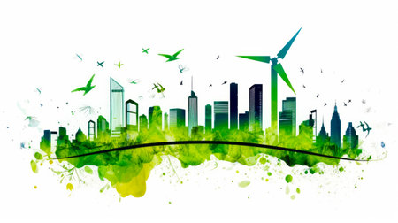 Picture of city skyline with green and yellow paint splatters. Generative AI.の素材