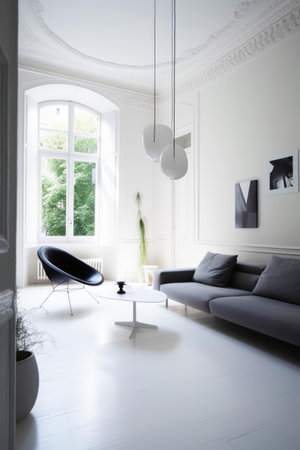 Living room with couch, chair, table and large window. Generative AI.の素材