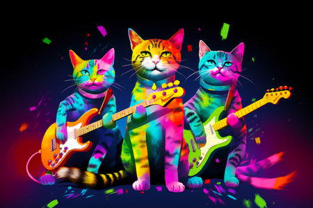 Group of cats sitting next to each other on top of floor. Generative AI.の素材