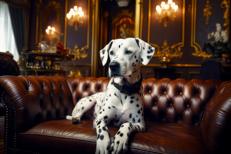 Dalmatian dog sitting on leather couch in fancy room. Generative AI.の素材