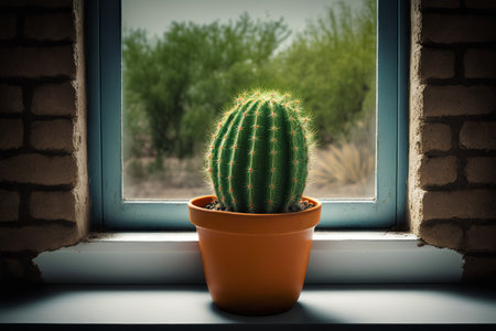 Cactus in pot sitting on window sill in front of window. Generative AI.の素材