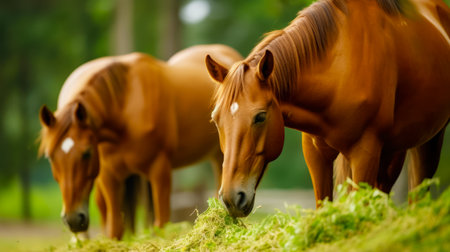 Couple of brown horses standing next to each other on lush green field. Generative AI.の素材