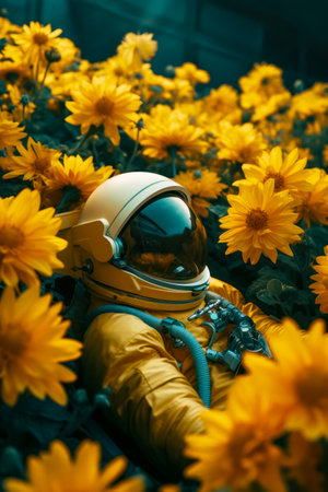Man in space suit surrounded by sunflowers in the field. Generative AI.の素材