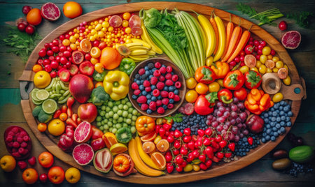 Wooden platter filled with lots of different types of fruits and vegetables. Generative AI.の素材