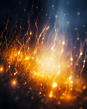 Blurry image of bright yellow light in the dark night sky. Generative AI.の素材