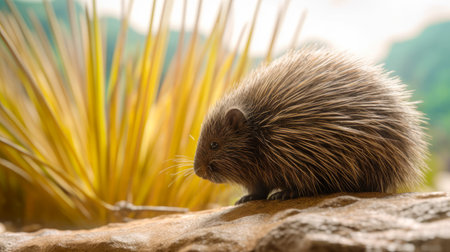 Porcupine sitting on rock in front of some grass and bushes. Generative AI.の素材