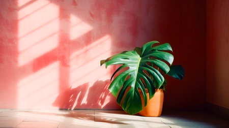 Large green plant sitting on top of wooden floor next to red wall. Generative AI.の素材