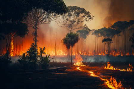Fire burning in the middle of the forest filled with lots of trees. Generative AI.の素材