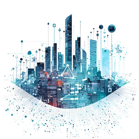 Abstract cityscape with lines and dots in the shape of the eye. Generative AI.の素材