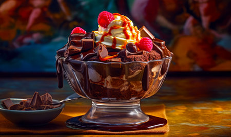 Dessert dish with chocolate, raspberries, whipped cream, and chocolate sauce. Generative AI.の素材
