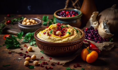 Bowl filled with hummus and garnished with cranberries. Generative AI.の素材