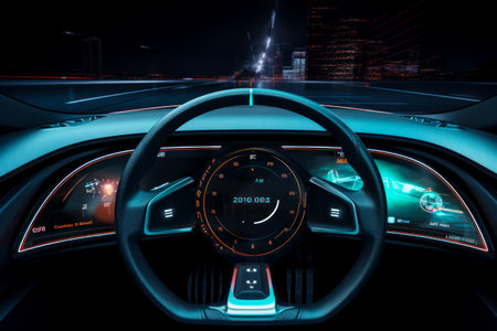 Car dashboard with speedometer and other electronic devices in the background. Generative AI.の素材