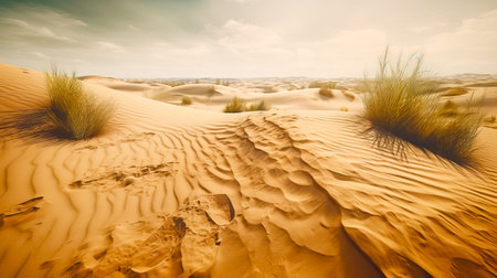 Desert landscape with sand dunes and grass in the foreground and blue sky with clouds in the background. Generative AI.の素材