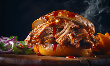 Pulled pork sandwich on bun with ketchup on the side. Generative AI.の素材