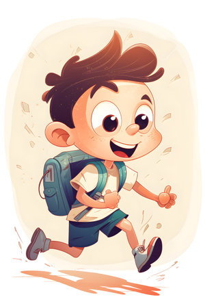 Young boy wearing a backpack and running with a smile on his face. Generative AI.の素材