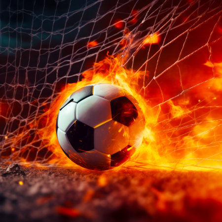 Soccer ball is in the middle of fire filled goalie net. Generative AI.の素材