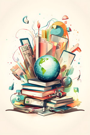 Pile of books with globe on top of it and a bunch of other books. Generative AI.の素材