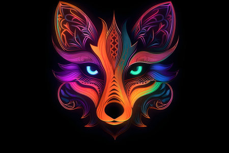Colorful fox's head with blue eyes and pattern on it. Generative AI.の素材