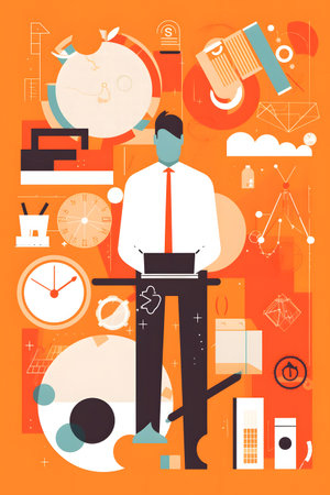 Man in suit and tie standing in front of orange background. Generative AI.の素材