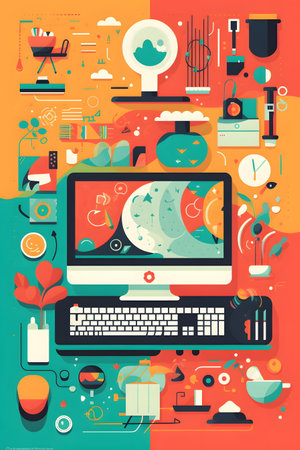 Computer screen with image of fish on it's screen. Generative AI.の素材