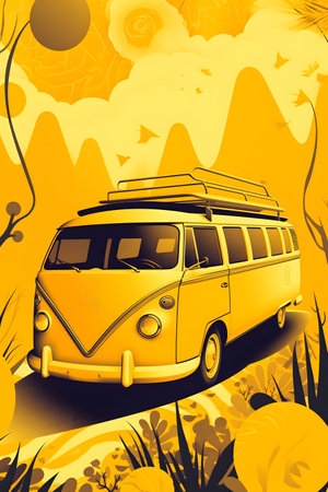 Yellow van with surfboard on top of it's roof. Generative AI.の素材