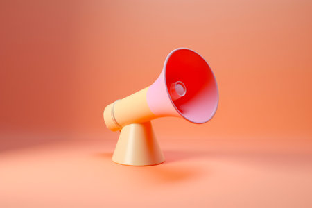 Red and yellow megaphone sitting on top of yellow cone on pink background. Generative AI.の素材